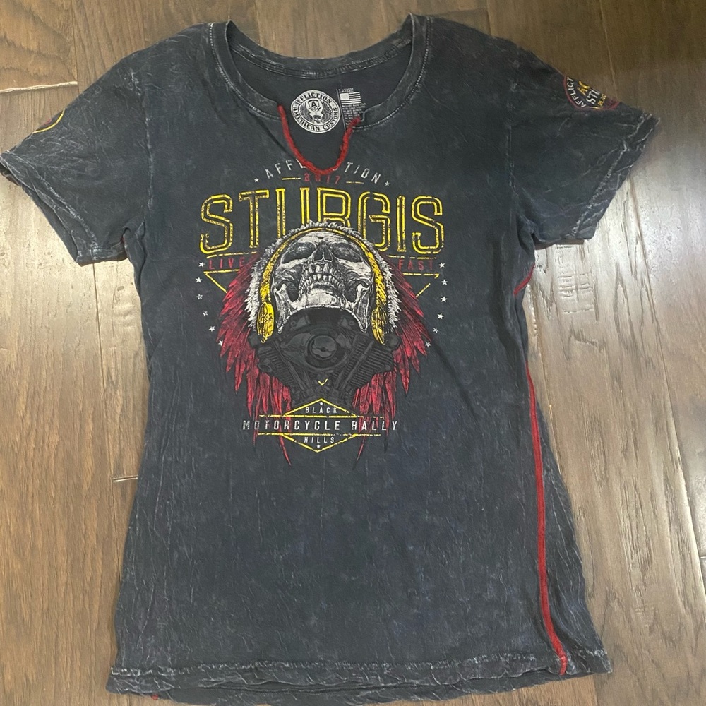 Affliction Black Sturgis Tee with Red and Yellow Accents